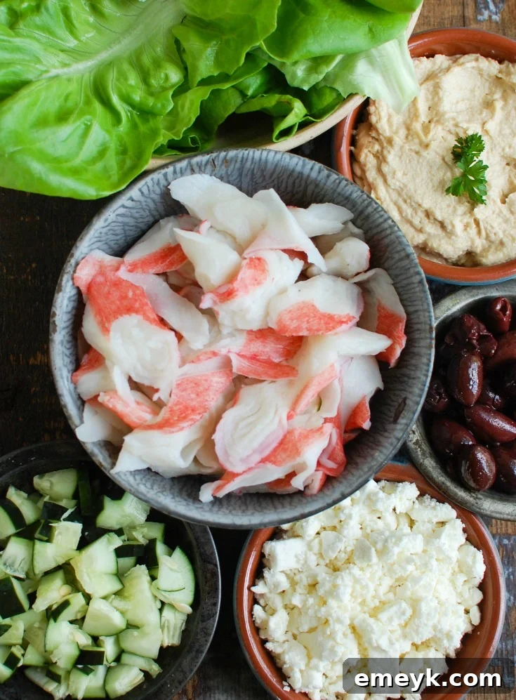 Mediterranean Surimi Lettuce Wraps are an easy, healthy meal mixing Surimi and your favorite Mediterranean flavors in a lettuce wrap. These are a low-carb, no-fuss way to enjoy a meal.