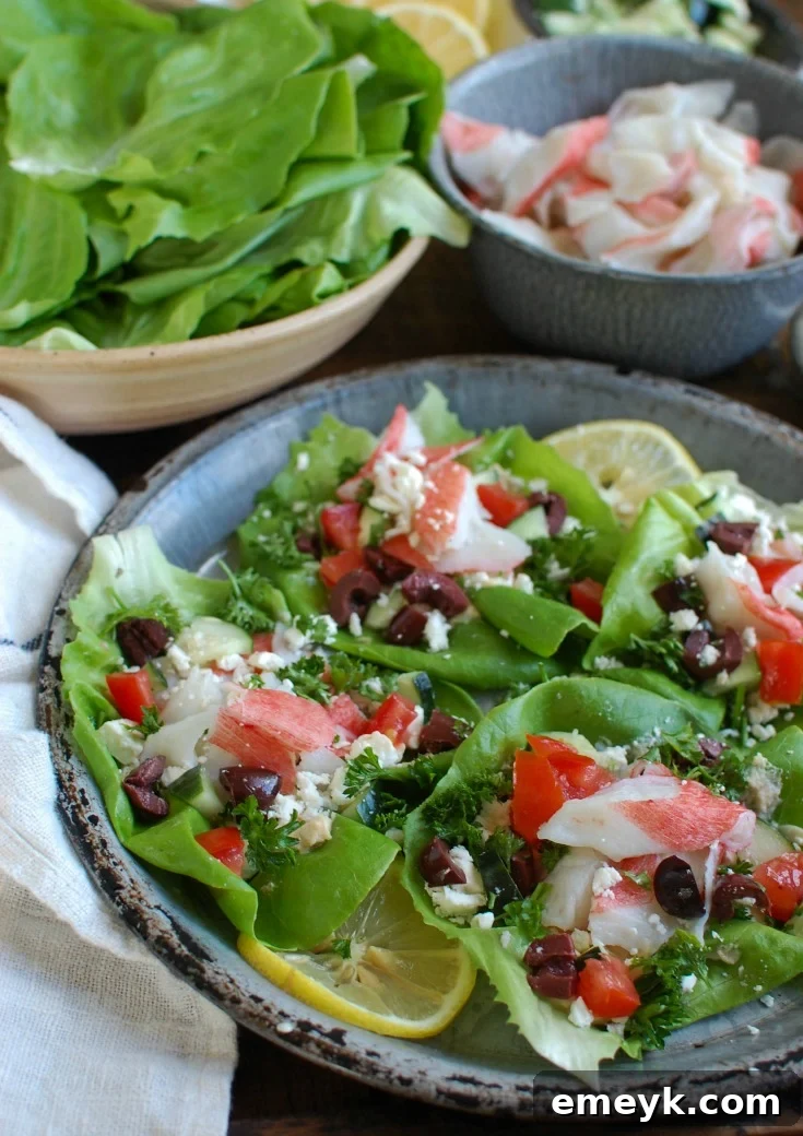 Mediterranean Surimi Lettuce Wraps are an easy, healthy meal mixing Surimi and your favorite Mediterranean flavors in a lettuce wrap. These are a low-carb, no-fuss way to enjoy a meal.