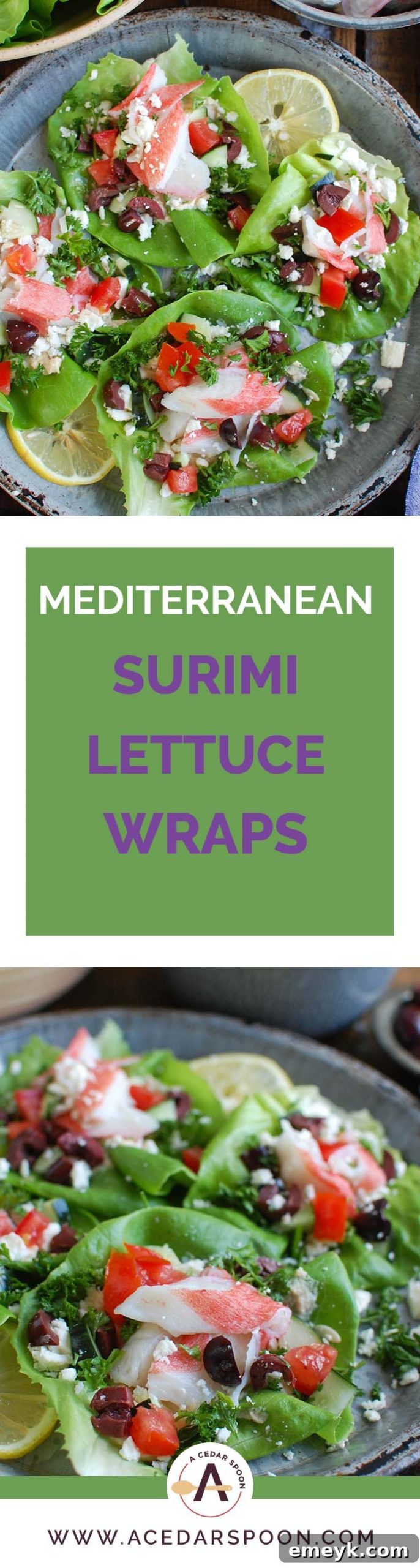 Mediterranean Surimi Lettuce Wraps are an easy, healthy meal mixing Surimi and your favorite Mediterranean flavors in a lettuce wrap. These are a low-carb, no-fuss way to enjoy a meal.