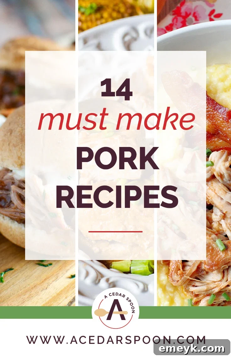 A collection of delicious pork dishes, showcasing the versatility of pork in various easy-to-make recipes like lettuce wraps, slow cooker meals, and pork chops.