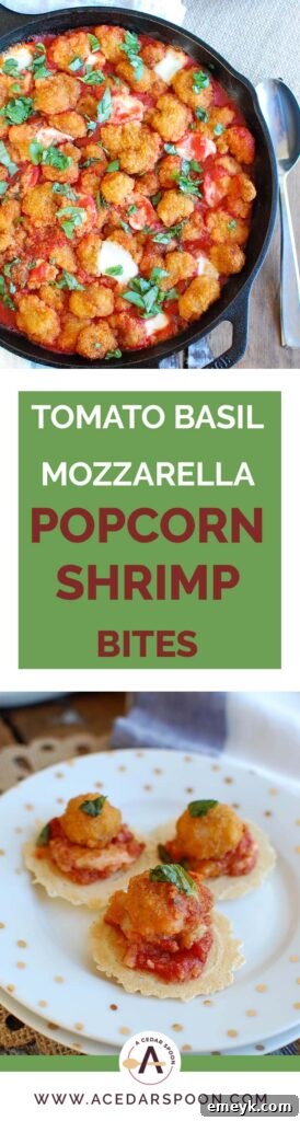 A final close-up image of Tomato Basil Mozzarella Popcorn Shrimp Bites, artfully arranged on a rustic serving platter, highlighting their appealing texture and vibrant colors, ready to be enjoyed.