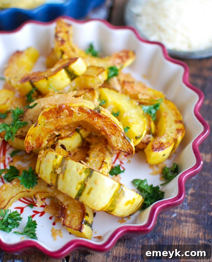 Parmesan Roasted Delicata 2 Perfectly roasted Parmesan delicata squash slices, golden brown and topped with melted cheese, ready to serve as a delicious fall side dish.
