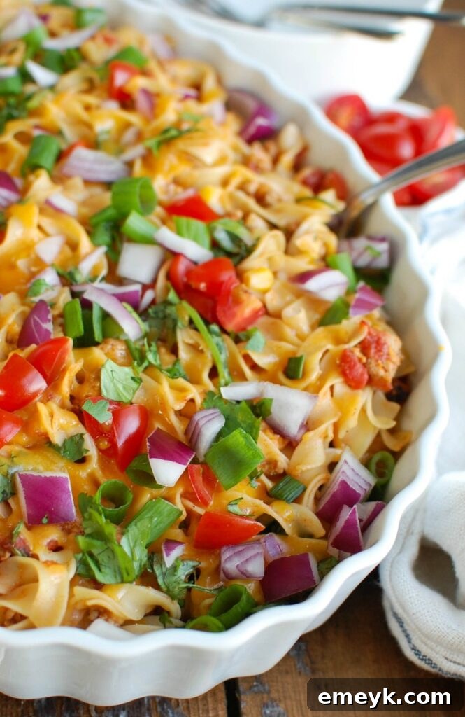 A vibrant and easy Mexican Noodle Casserole made with No Yolks Noodles, perfect for family dinners.