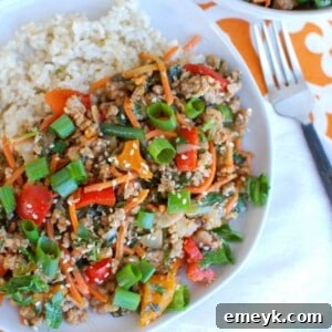 Easy Thai Pork Stir-Fry served in a bowl with rice, garnished with fresh cilantro and sesame seeds