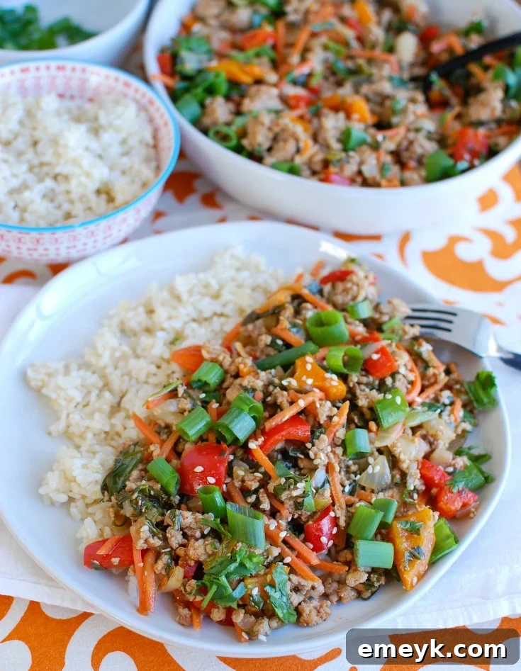 Step-by-step cooking process of Easy Thai Pork Stir-Fry, showing ingredients being stir-fried in a large skillet