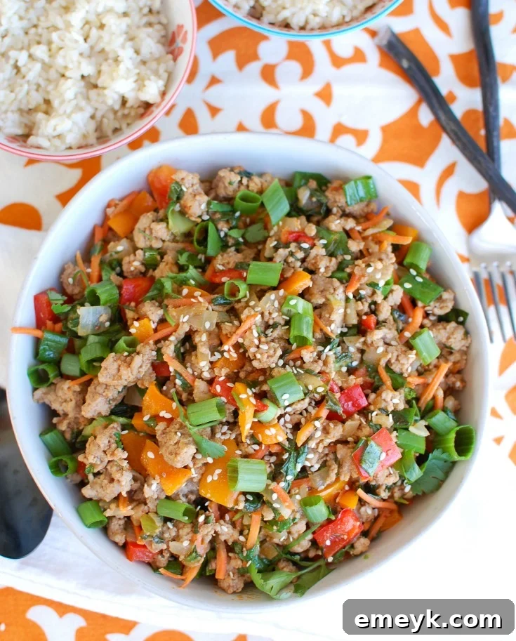 Close-up of a serving of Easy Thai Pork Stir-Fry, garnished with fresh herbs and sesame seeds in a ceramic bowl