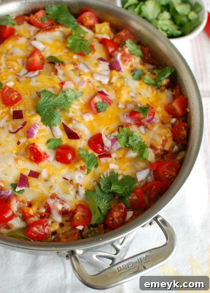 Another view of One Pot Mexican Stuffed Pepper Casserole garnished with cilantro.