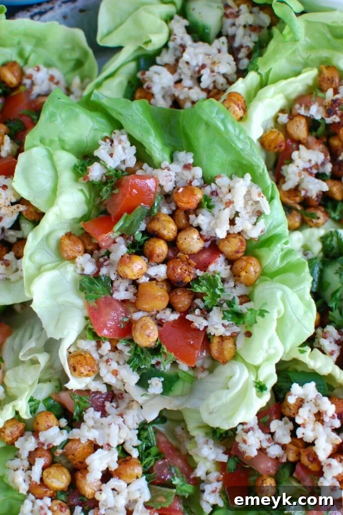 Vibrant Mediterranean Sorghum Tabbouleh and Chickpea Lettuce Wraps, a healthy and light meal showcasing Lebanese flavors.