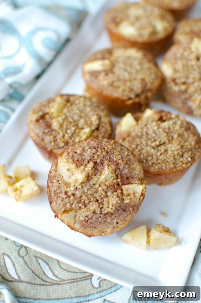 Spiced Apple Steel Cut Oat Muffins 2 Close-up of a freshly baked Apple Cinnamon Steel Cut Oat Cup, topped with a vibrant red apple slice and a sprinkle of cinnamon, ready to be enjoyed.