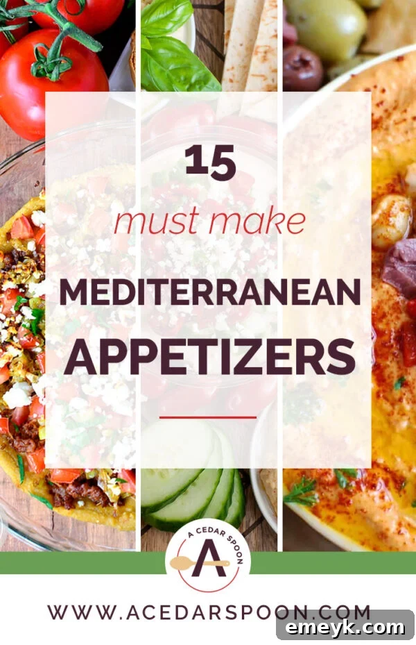 15 Must Make Mediterranean Appetizers: A vibrant spread of healthy dips, fresh vegetables, and savory bites, perfect for any gathering.