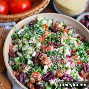 Greek Tabbouleh, a close-up shot of the fresh salad ingredients.