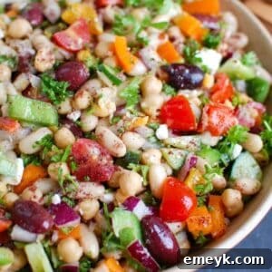 A beautifully presented Mediterranean Bean Salad ready to be served.