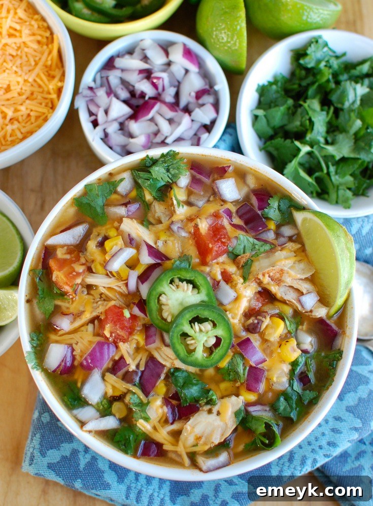 Instant Pot Chicken Tortilla Soup with a fresh lime wedge and cilantro, ready to be served.