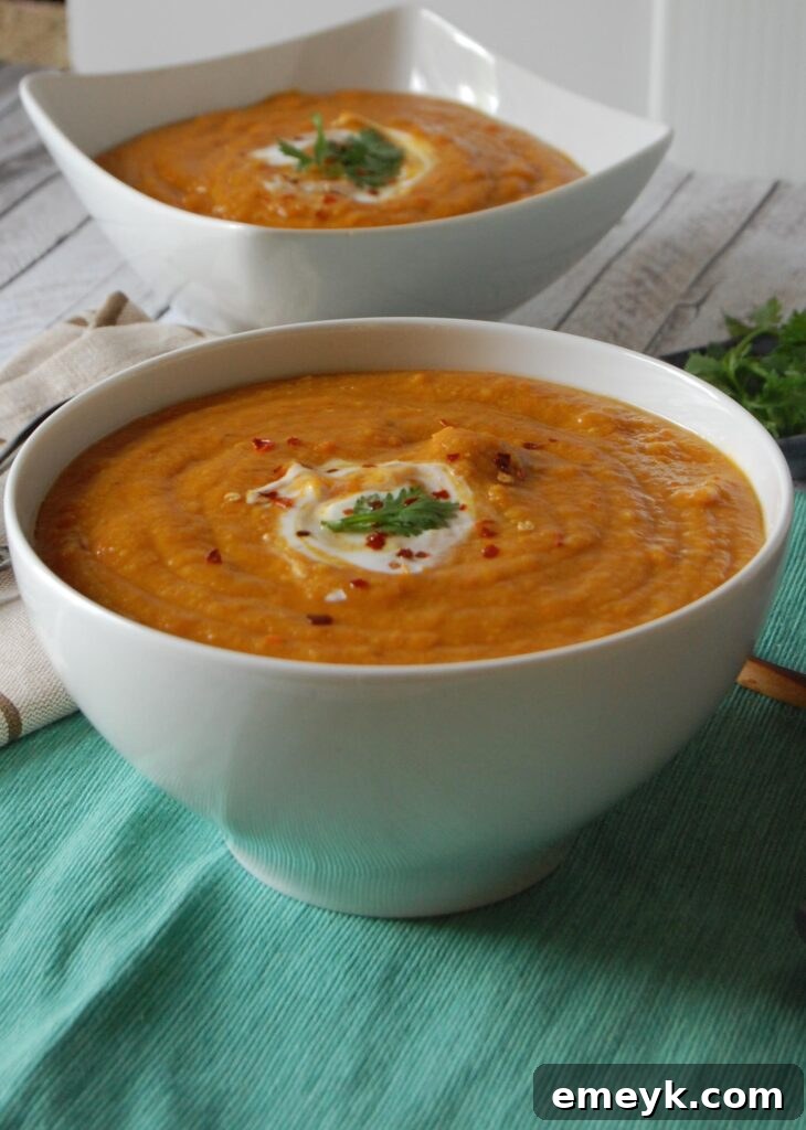 Instant Pot Lentil Soup with a dollop of yogurt and cilantro.