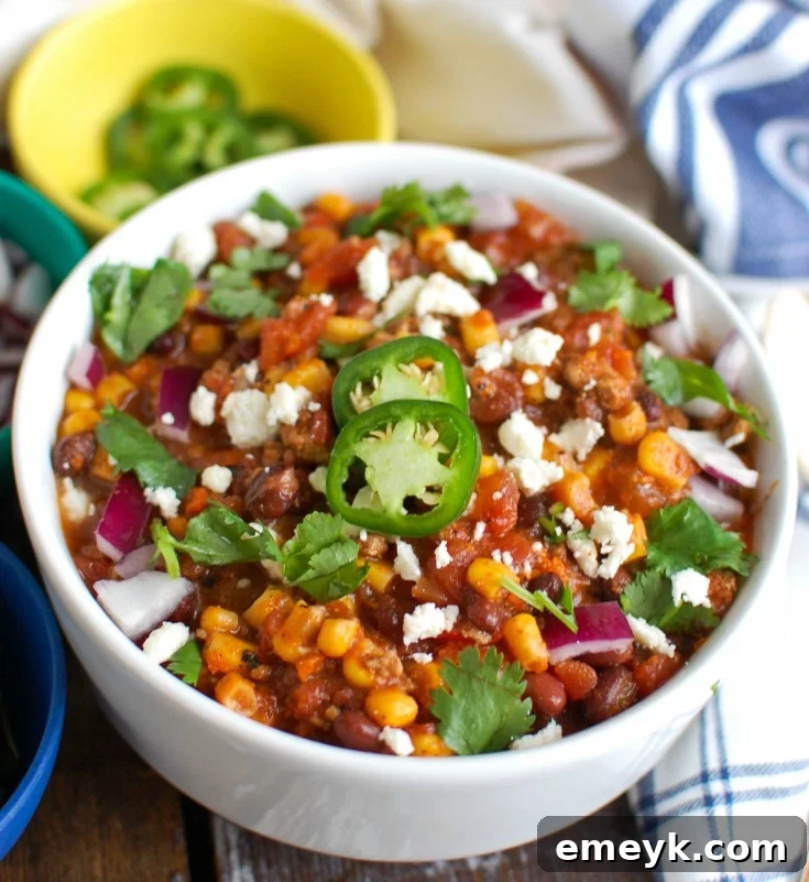 Instant Pot Pork Chili with jalapeños, ready to serve