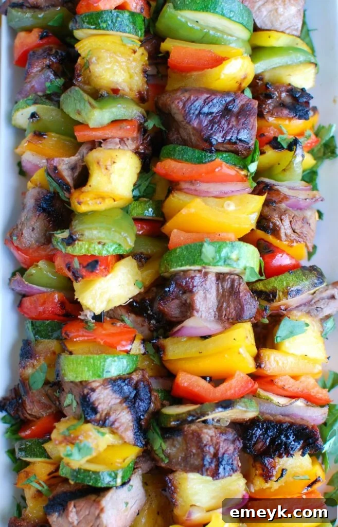 Tropical Pineapple Steak Skewers 2 Grilled Hawaiian Steak Kabobs Up Close