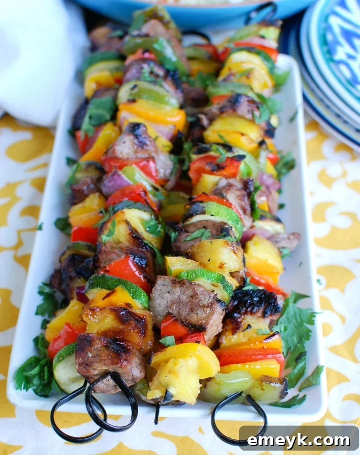 Tropical Pineapple Steak Skewers 3 Grilled Hawaiian Steak Kabobs White Plate