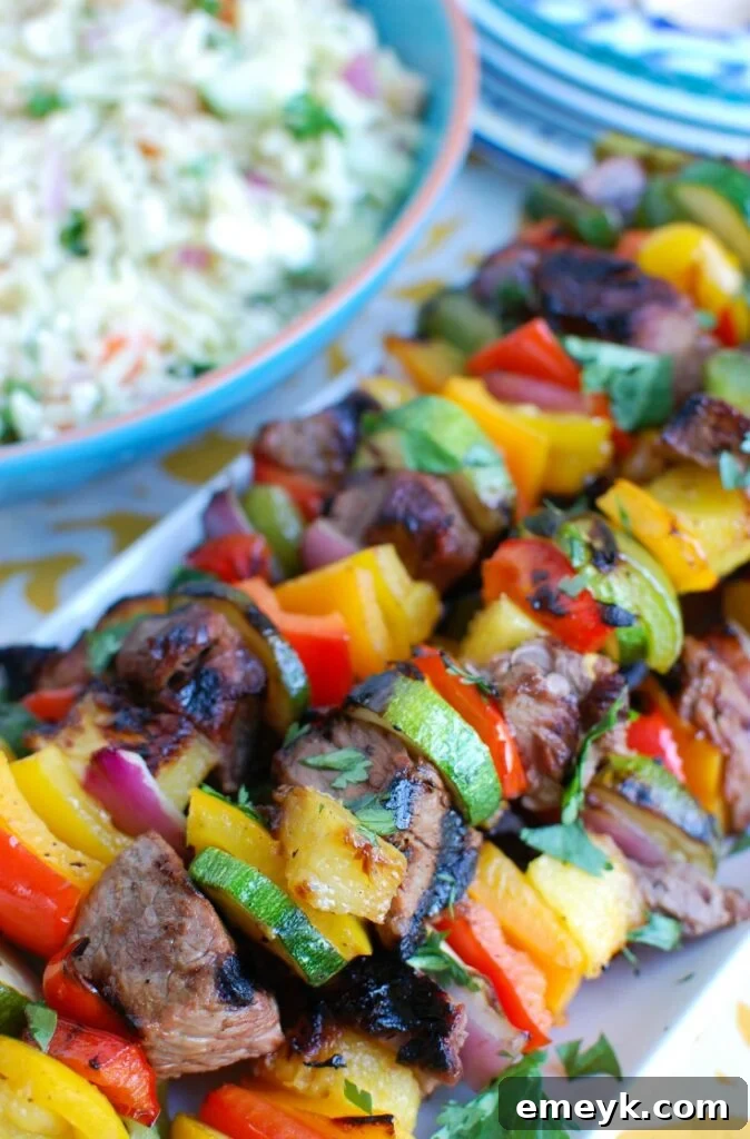Tropical Pineapple Steak Skewers 4 Grilled Hawaiian Steak Kabobs Side View
