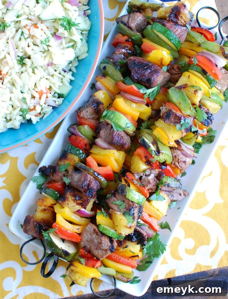 Tropical Pineapple Steak Skewers 5 Grilled Hawaiian Steak Kabob with salad