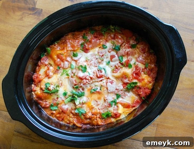 Effortless Slow Cooker Lasagna 4 Close-up of a serving of Crock Pot Lasagna, garnished with fresh herbs.