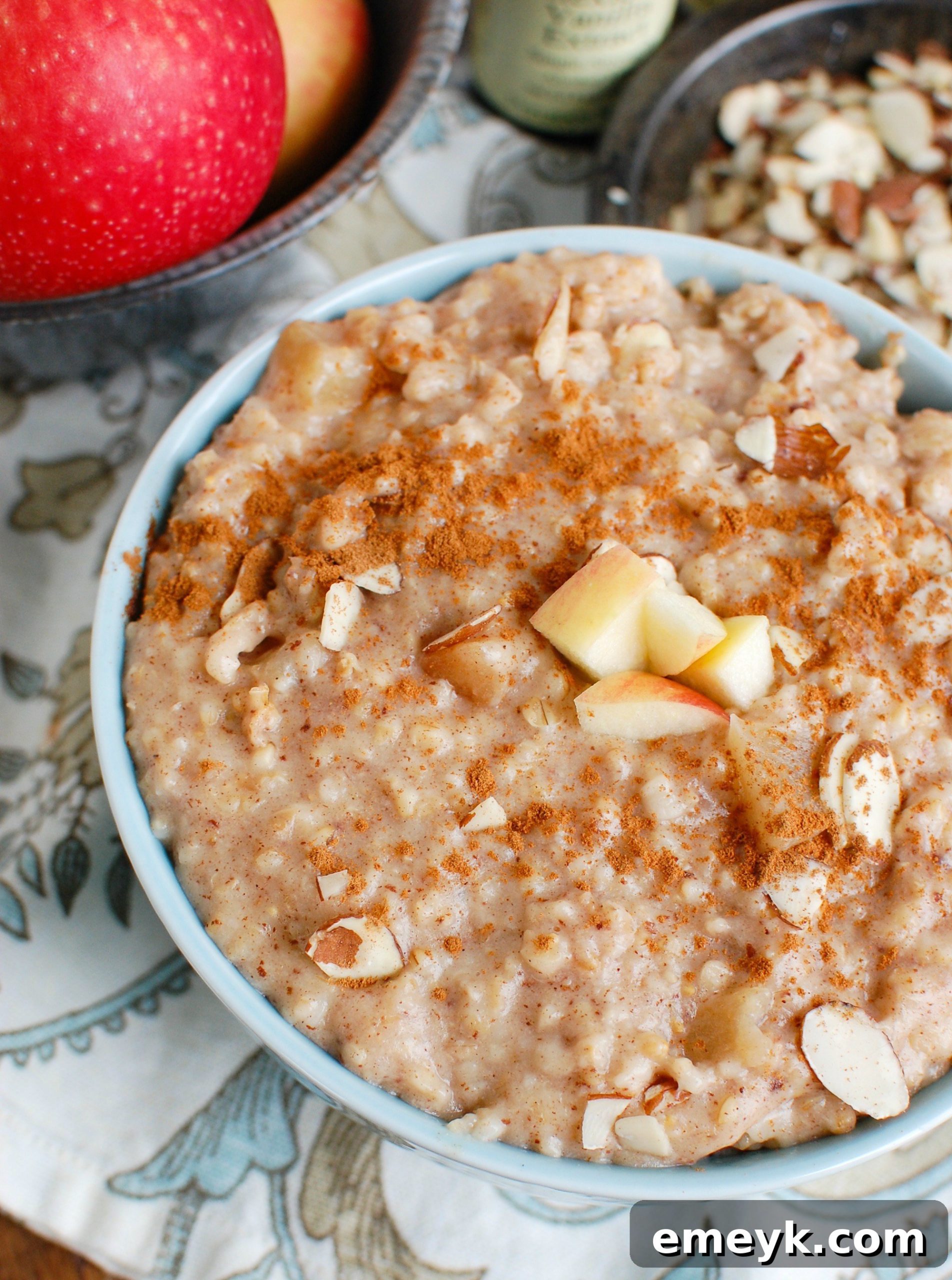 Slow Cooker Steel Cut Oatmeal in a rustic blue bowl, ready to be served.