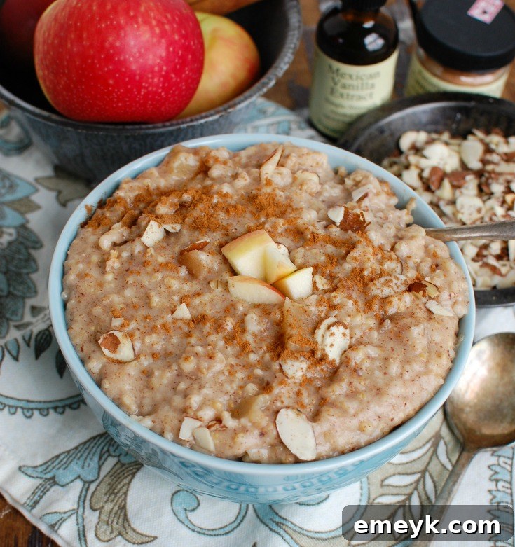Slow Cooker Steel Cut Oatmeal adorned with sliced fresh apples and a sprinkle of cinnamon.
