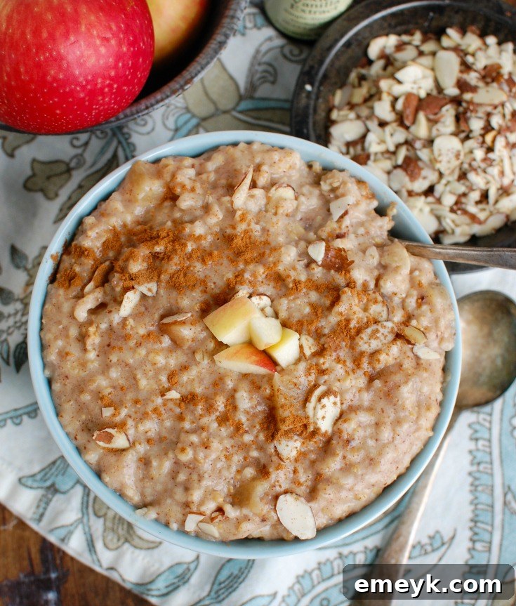 A hearty bowl of Slow Cooker Steel Cut Oatmeal topped with crunchy almonds and a hint of spice.