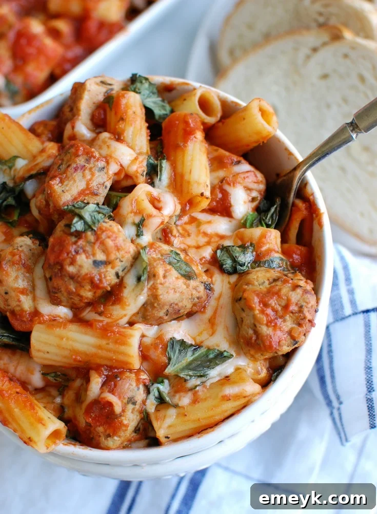 Hearty Chicken Meatball Rigatoni Casserole 2 Easy Baked Rigatoni with Chicken Meatballs, prepared in a baking dish