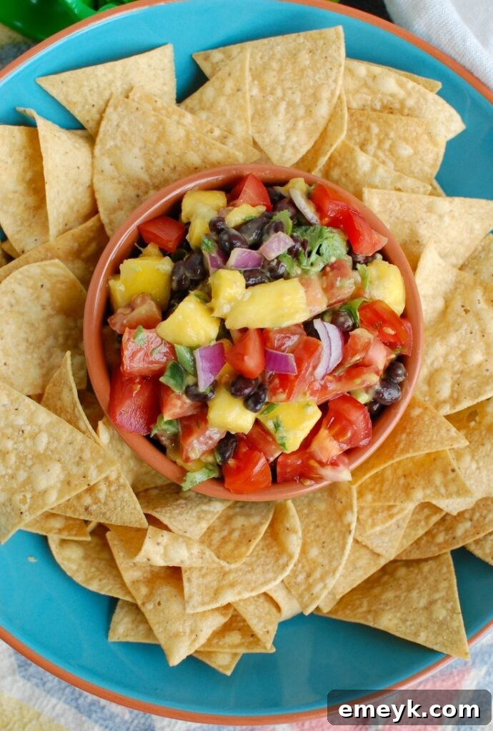 Mango and Black Bean Salsa from above in a colorful bowl