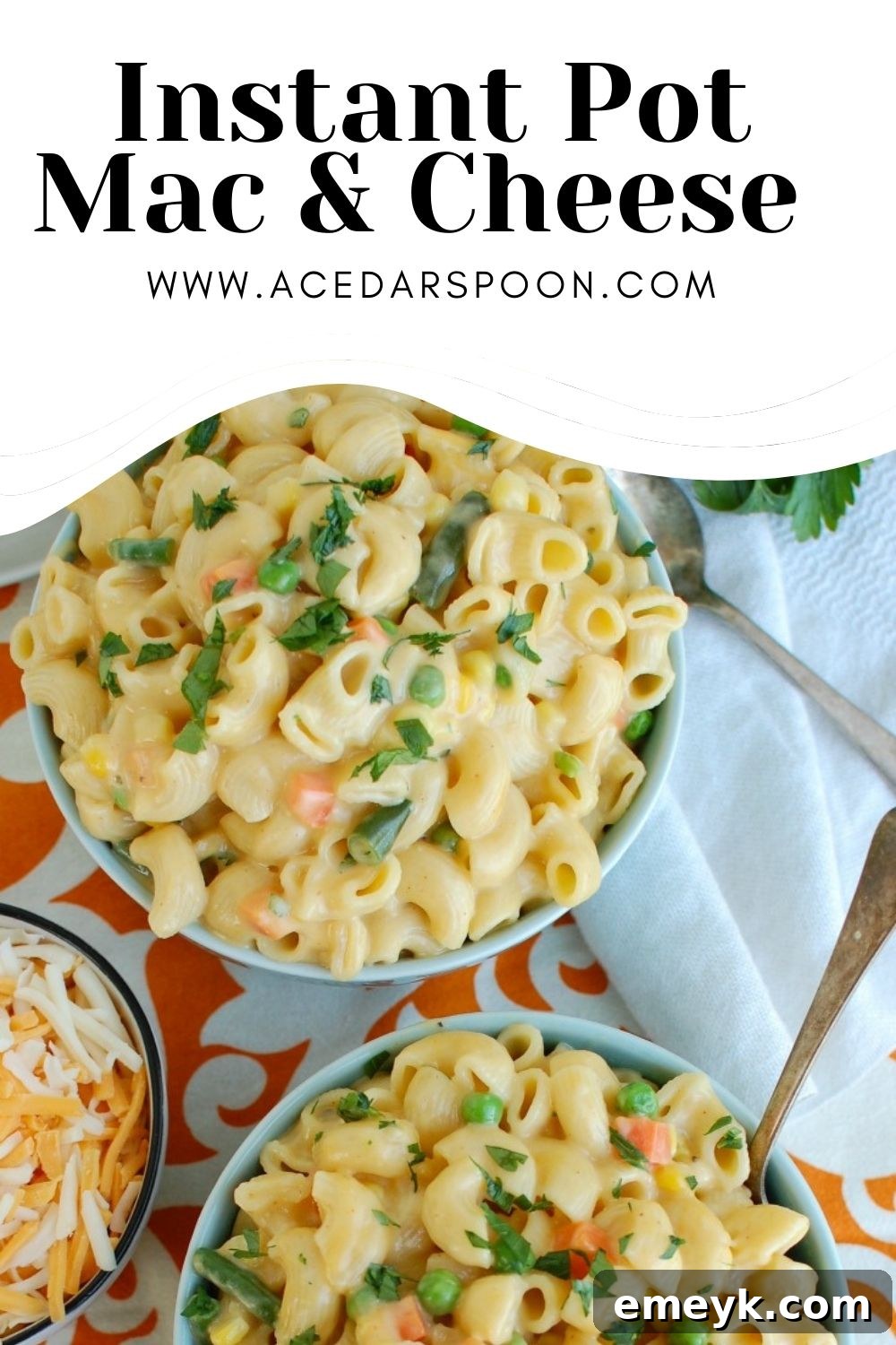 A generous serving of Instant Pot Vegetable Mac and Cheese, presented invitingly in a rustic bowl.
