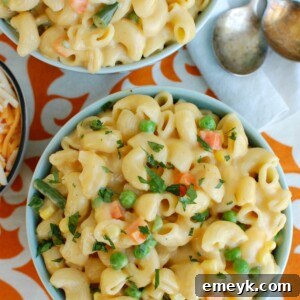 Instant Pot Vegetable Mac and Cheese in blue bowl
