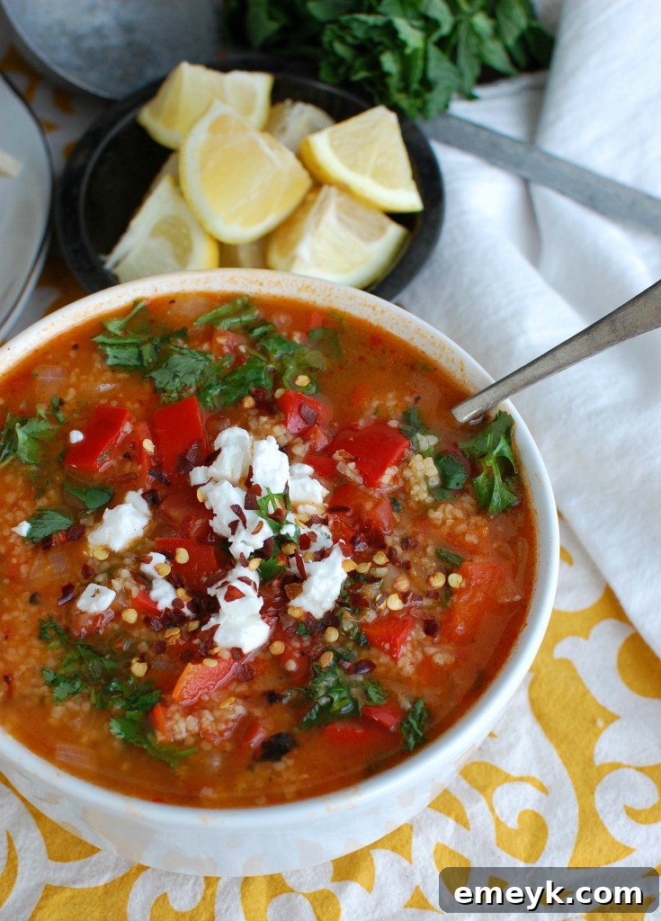 A serving of Tomato Red Pepper Bulgur Soup, beautifully garnished with fresh parsley and mint.