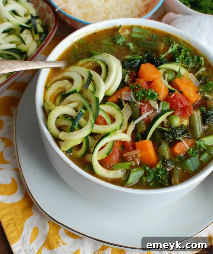 Garden Fresh Spring Minestrone 8 A bowl of Spring Vegetable Minestrone, inviting and warm, with a garnish of fresh herbs, ready to be enjoyed.