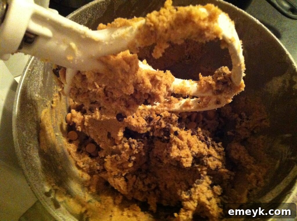 Mixing cookie dough for Chocolate and Peanut Butter Chip Cookies