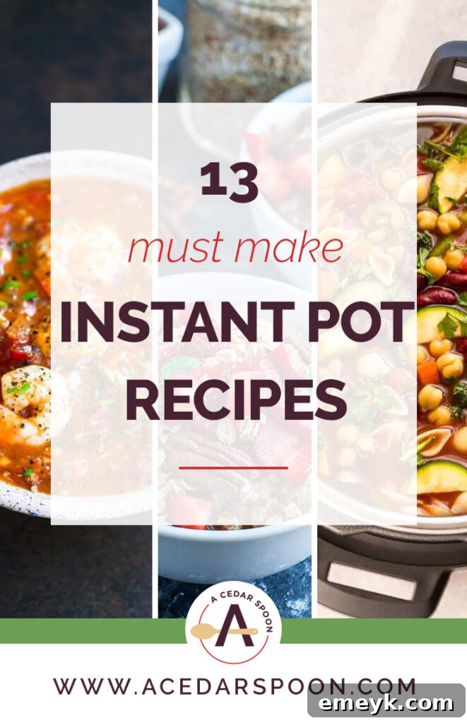 13 Must Make Instant Pot Recipes Collage - A vibrant collection of delicious and easy Instant Pot meals including comforting soups, savory pastas, hearty chicken dishes, and healthy vegetarian options, perfect for quick weeknight dinners.