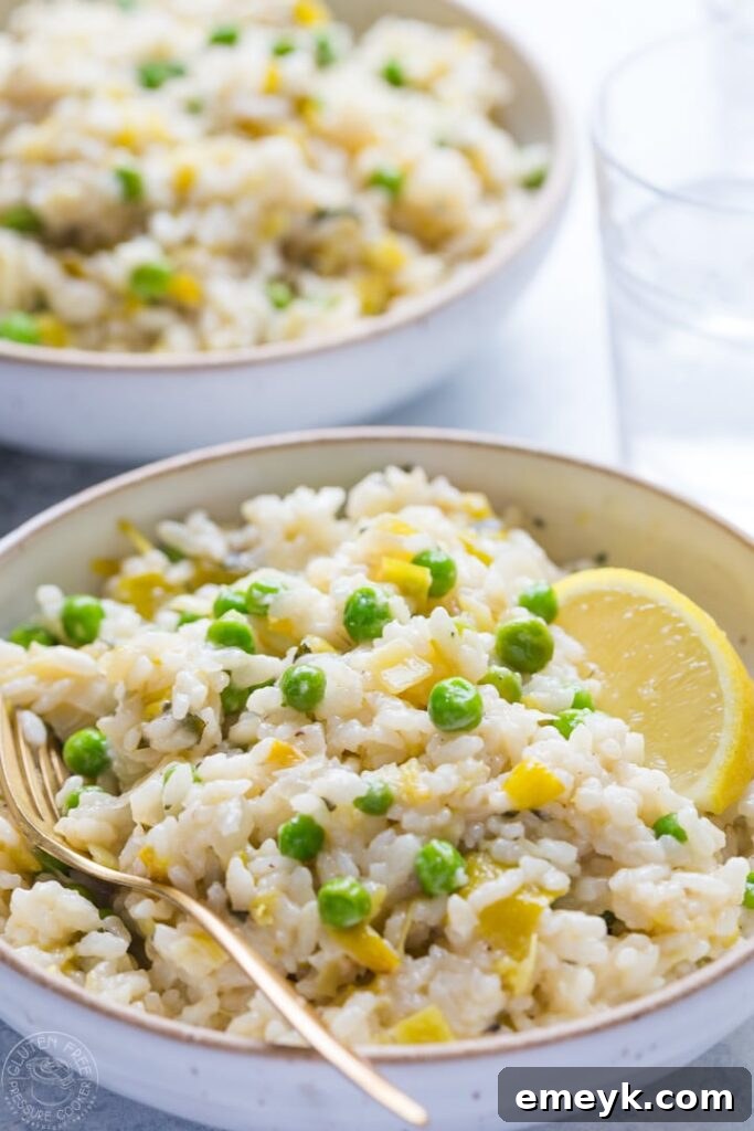13 Instant Pot Recipes You Can't Live Without 7 Creamy Pressure Cooker Risotto with Leeks, Peas, and Lemon, a delightful and easy gluten-free vegetarian meal cooked perfectly in a pressure cooker.