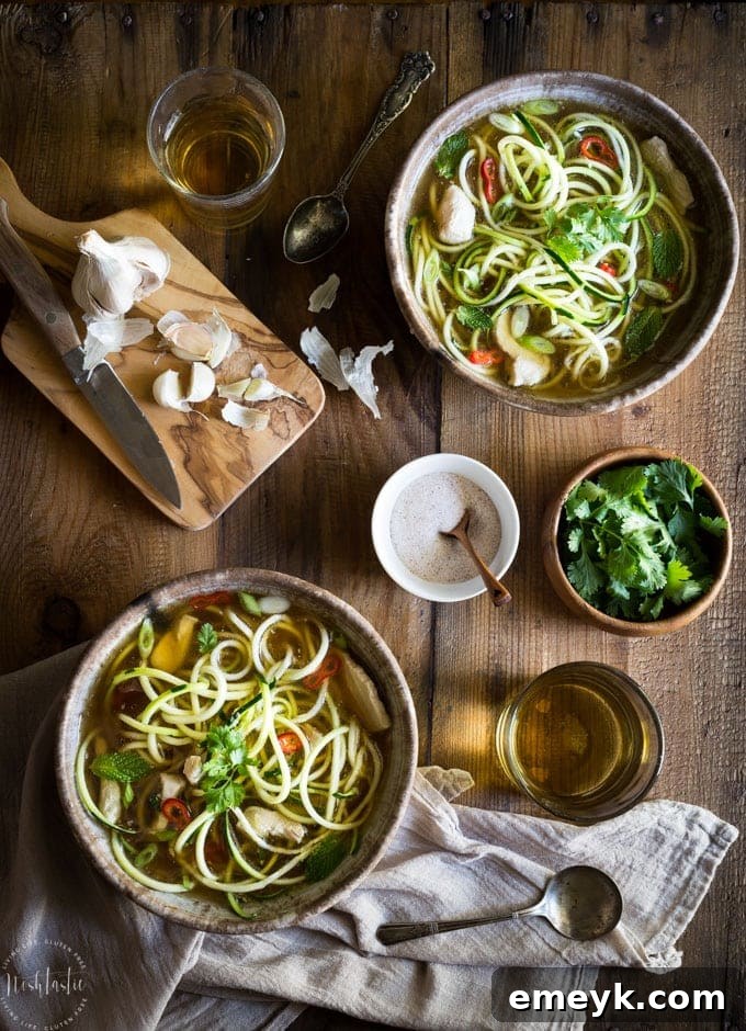 20 Minute Paleo Chicken Noodle soup with Zoodles, a quick and healthy comfort food.