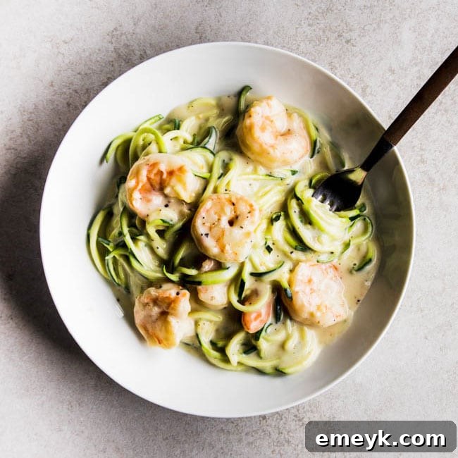 Healthier Shrimp Alfredo with Zoodles, a lighter twist on a classic.