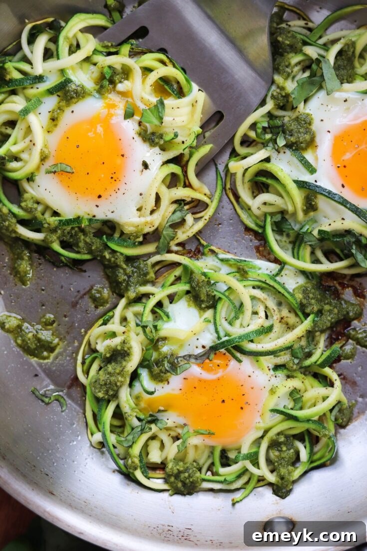Spiralized Zucchini, Pesto & Egg Nests, a creative and healthy breakfast or brunch.