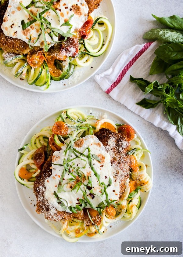 Summer Chicken Parmesan with Zoodles, a lighter version of a classic for warm weather.