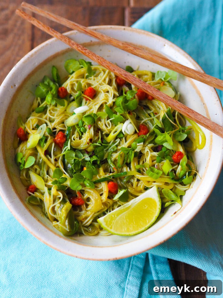 Green Curry Noodles with Avocado Sauce Recipe, a creamy and spicy vegan delight.