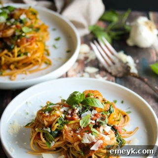 30 Minute Shrimp Pasta Primavera with Zoodles, a quick and healthy weeknight dinner.