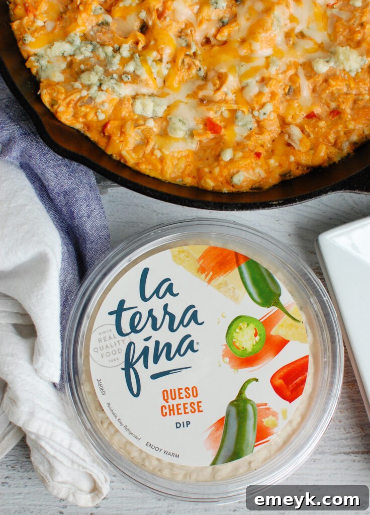 Buffalo Chicken Queso Cheese Dip featuring La Terra Fina product, ready to be served with tortilla chips.
