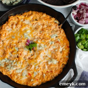 Buffalo Chicken Queso Cheese Dip Skillet, top down view.