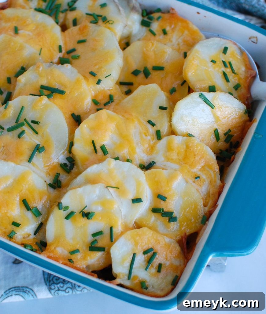 Creamy Spinach Artichoke Scalloped Potatoes in a beautiful blue baking dish, ready to be served as a holiday side.