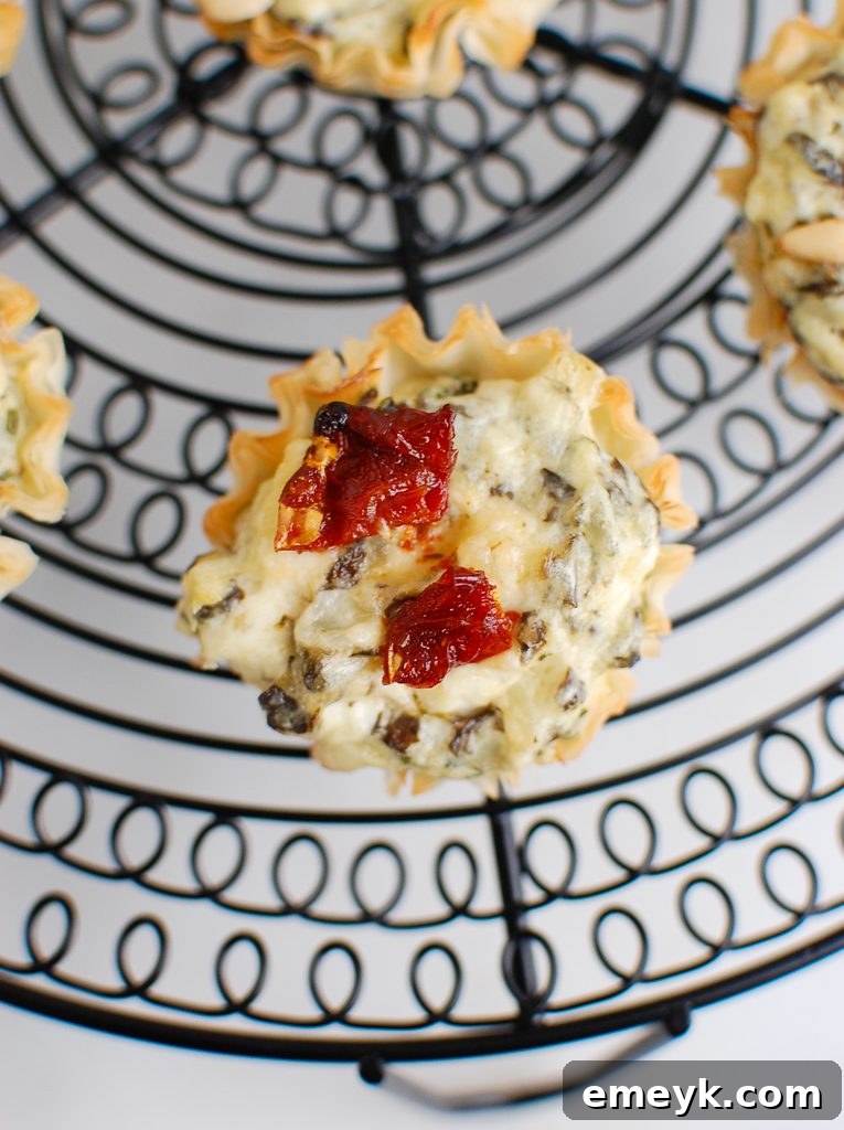 A single Spinach Artichoke Sun-dried Tomato Phyllo Bite held delicately, highlighting its crispy texture and vibrant red and green filling.