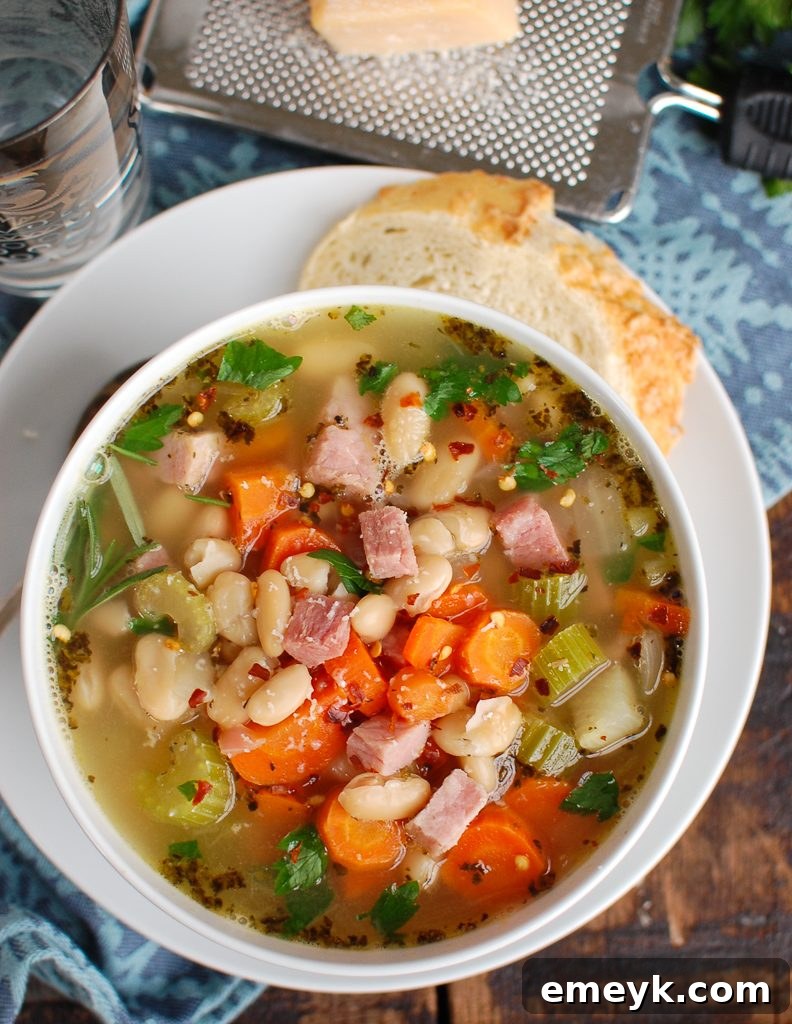 Close-up of White Bean and Ham Soup with visible beans and ham