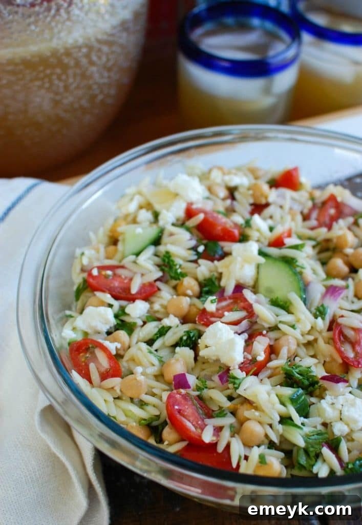 9 Ultimate Orzo Pasta Salads 3 A vibrant bowl of Summer Orzo Pasta Salad, featuring cherry tomatoes, cucumber, feta cheese, and fresh herbs, perfect for a sunny day.