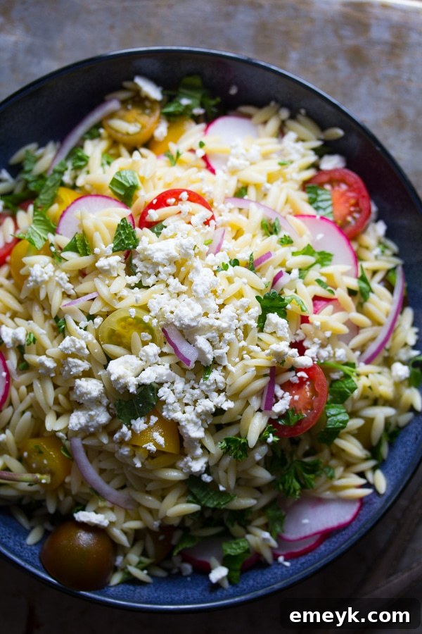 9 Ultimate Orzo Pasta Salads 4 A close-up of Herbed Orzo Pasta Salad, highlighting fresh herbs, sweet cherry tomatoes, and crumbled feta cheese, dressed lightly.