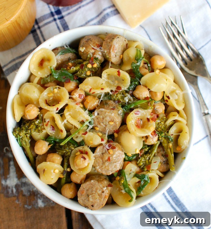 Close-up of fresh ingredients for One Pot Orecchiette with Sausage and Broccoli